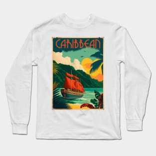 Caribbean Coastline Vintage Travel Art Poster Long Sleeve T-Shirt